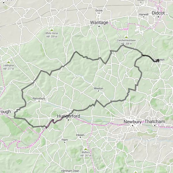 Map miniature of "Compton to Chieveley Loop" cycling inspiration in Berkshire, Buckinghamshire and Oxfordshire, United Kingdom. Generated by Tarmacs.app cycling route planner