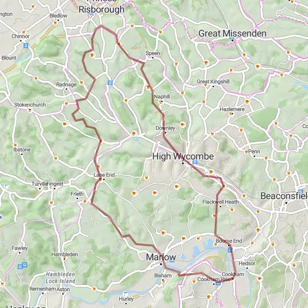 Map miniature of "Winter Hill Gravel Adventure" cycling inspiration in Berkshire, Buckinghamshire and Oxfordshire, United Kingdom. Generated by Tarmacs.app cycling route planner