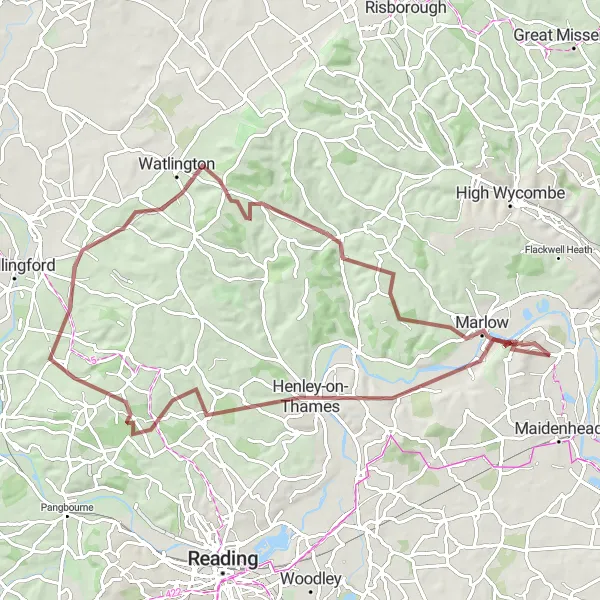 Map miniature of "Gravel Adventure to Henley-on-Thames" cycling inspiration in Berkshire, Buckinghamshire and Oxfordshire, United Kingdom. Generated by Tarmacs.app cycling route planner