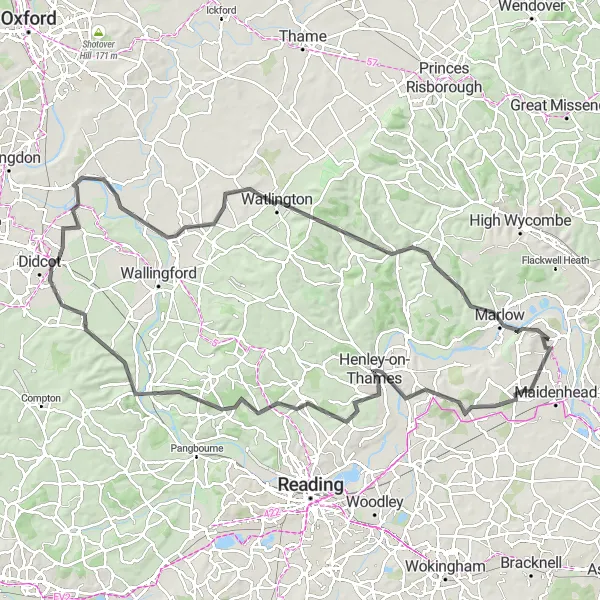 Map miniature of "Scenic Landscapes and Charming Villages" cycling inspiration in Berkshire, Buckinghamshire and Oxfordshire, United Kingdom. Generated by Tarmacs.app cycling route planner