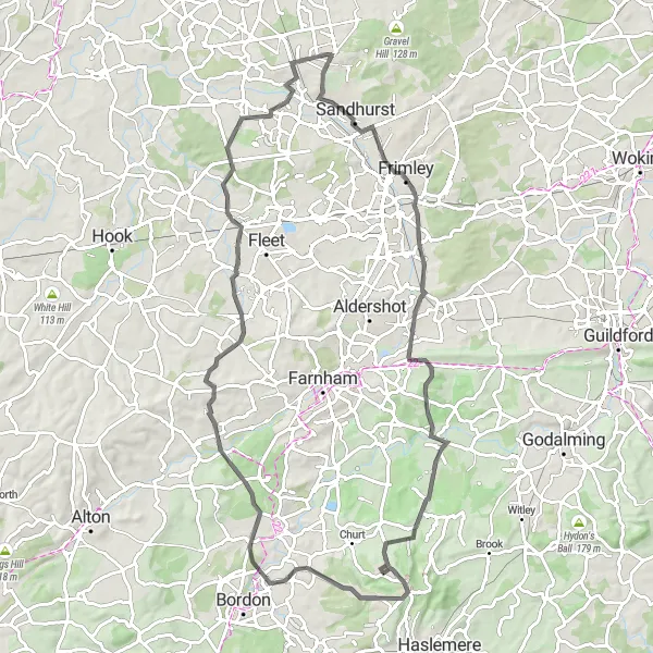 Map miniature of "The Frimley Green Discovery" cycling inspiration in Berkshire, Buckinghamshire and Oxfordshire, United Kingdom. Generated by Tarmacs.app cycling route planner