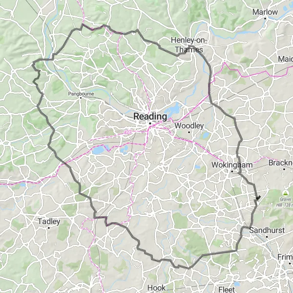 Map miniature of "The Hartley Wintney Challenge" cycling inspiration in Berkshire, Buckinghamshire and Oxfordshire, United Kingdom. Generated by Tarmacs.app cycling route planner