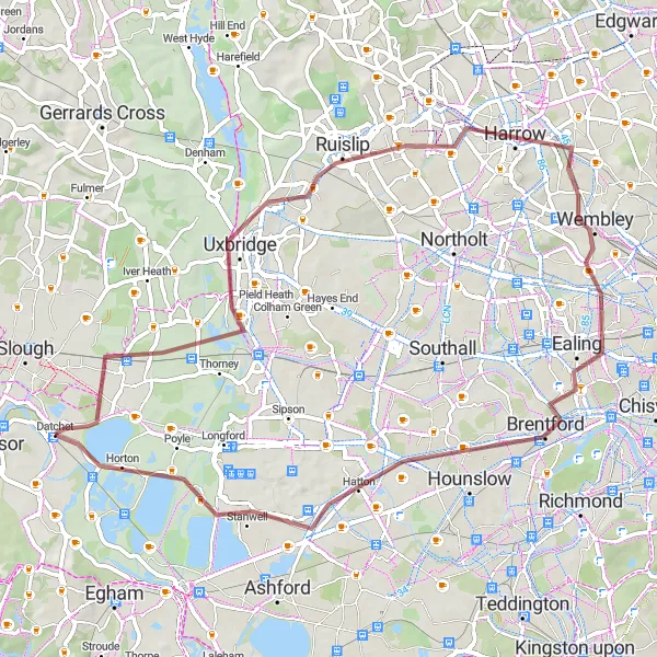 Map miniature of "Uxbridge to Horton Gravel Loop" cycling inspiration in Berkshire, Buckinghamshire and Oxfordshire, United Kingdom. Generated by Tarmacs.app cycling route planner