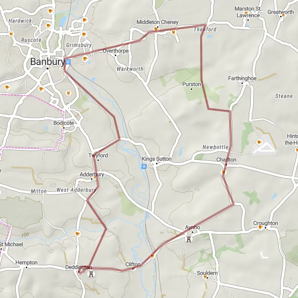 Map miniature of "The Deddington Lanes" cycling inspiration in Berkshire, Buckinghamshire and Oxfordshire, United Kingdom. Generated by Tarmacs.app cycling route planner