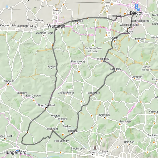 Map miniature of "Didcot to Wantage Scenic Road Ride" cycling inspiration in Berkshire, Buckinghamshire and Oxfordshire, United Kingdom. Generated by Tarmacs.app cycling route planner