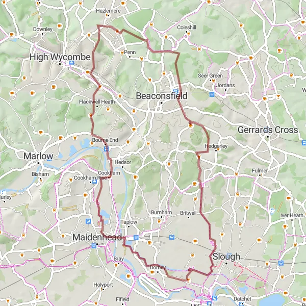 Map miniature of "Maidenhead Bridge to Eton Wick Gravel Adventure" cycling inspiration in Berkshire, Buckinghamshire and Oxfordshire, United Kingdom. Generated by Tarmacs.app cycling route planner