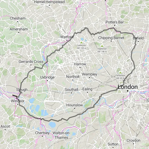 Map miniature of "Thames Valley Cycling Epic" cycling inspiration in Berkshire, Buckinghamshire and Oxfordshire, United Kingdom. Generated by Tarmacs.app cycling route planner