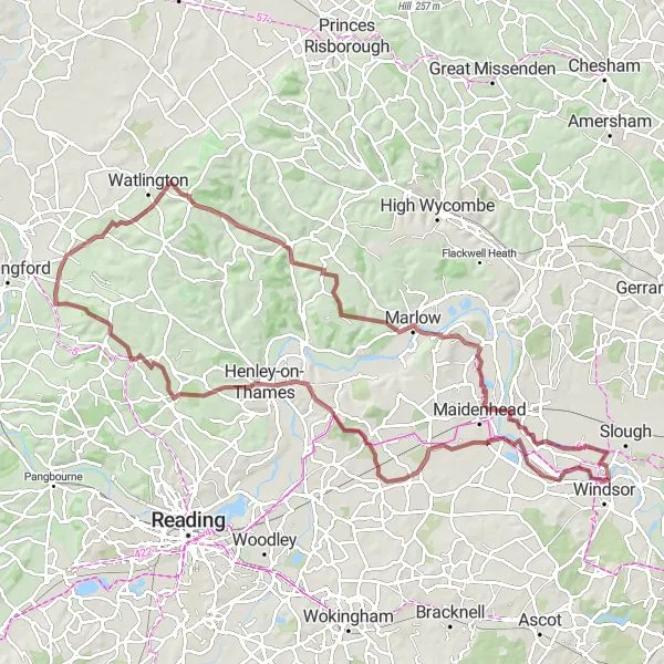 Map miniature of "Gravel Escape: Eton to Henley-on-Thames" cycling inspiration in Berkshire, Buckinghamshire and Oxfordshire, United Kingdom. Generated by Tarmacs.app cycling route planner