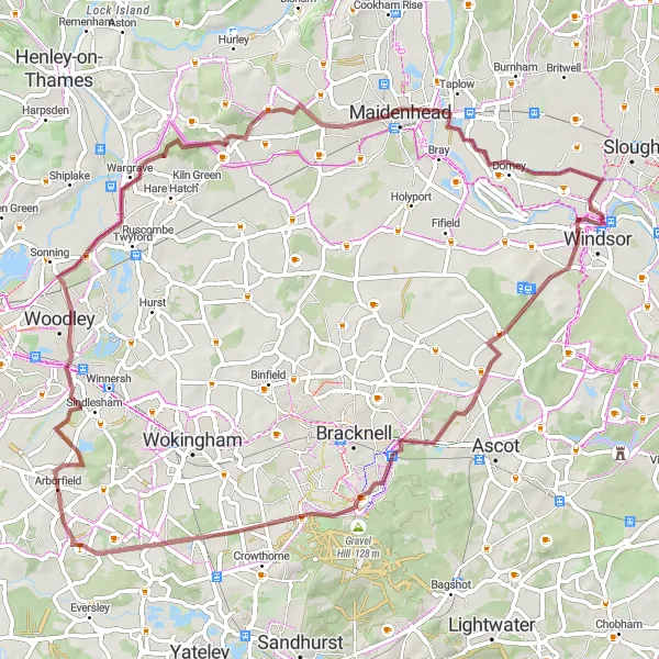 Map miniature of "Eton and Burchett's Green Gravel Adventure" cycling inspiration in Berkshire, Buckinghamshire and Oxfordshire, United Kingdom. Generated by Tarmacs.app cycling route planner