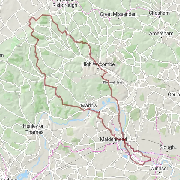 Map miniature of "Gravel Adventure: Eton to Boveney" cycling inspiration in Berkshire, Buckinghamshire and Oxfordshire, United Kingdom. Generated by Tarmacs.app cycling route planner