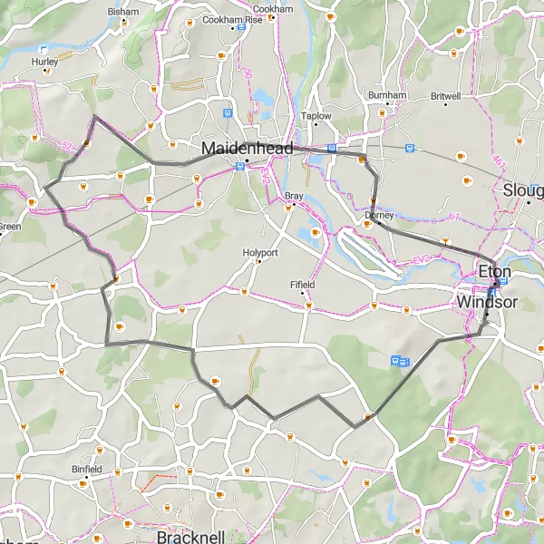 Map miniature of "Windsor and Burchett's Green Circuit" cycling inspiration in Berkshire, Buckinghamshire and Oxfordshire, United Kingdom. Generated by Tarmacs.app cycling route planner