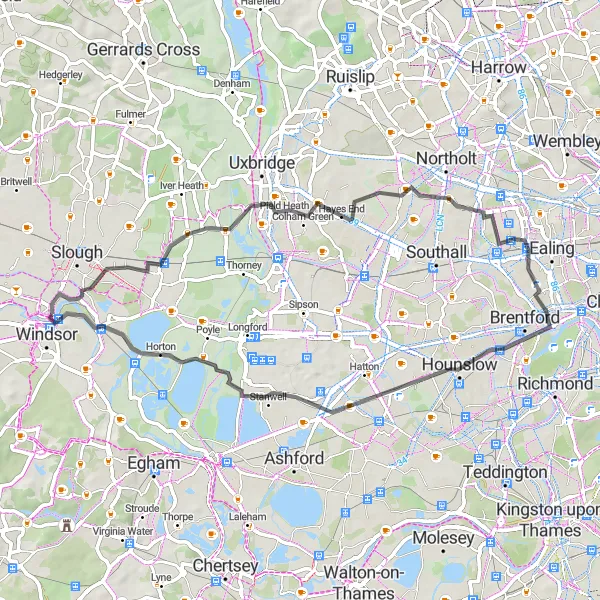 Map miniature of "Eton and Greenford Delight" cycling inspiration in Berkshire, Buckinghamshire and Oxfordshire, United Kingdom. Generated by Tarmacs.app cycling route planner