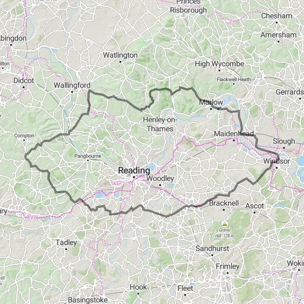 Map miniature of "Oxfordshire Escape: Eton to Marlow" cycling inspiration in Berkshire, Buckinghamshire and Oxfordshire, United Kingdom. Generated by Tarmacs.app cycling route planner