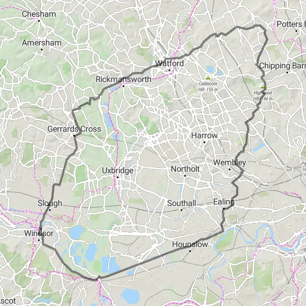 Map miniature of "The Road to Windsor" cycling inspiration in Berkshire, Buckinghamshire and Oxfordshire, United Kingdom. Generated by Tarmacs.app cycling route planner