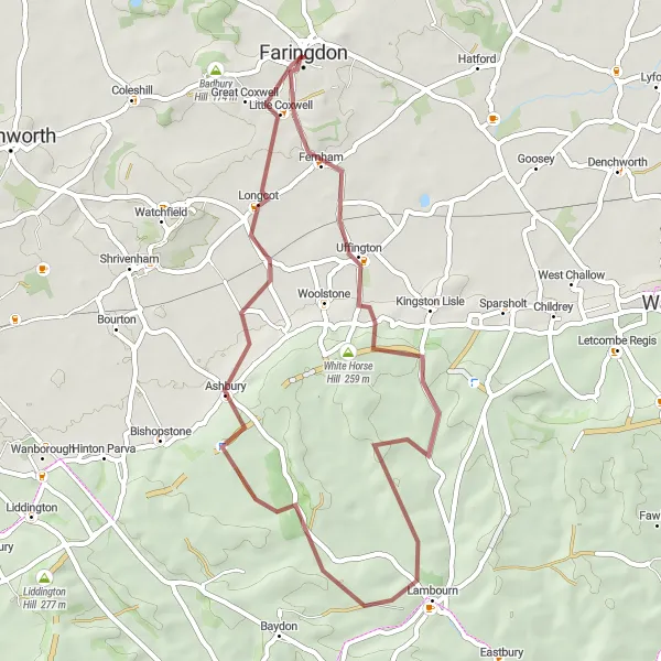 Map miniature of "Dragon Hill and The White Horse Gravel Loop" cycling inspiration in Berkshire, Buckinghamshire and Oxfordshire, United Kingdom. Generated by Tarmacs.app cycling route planner