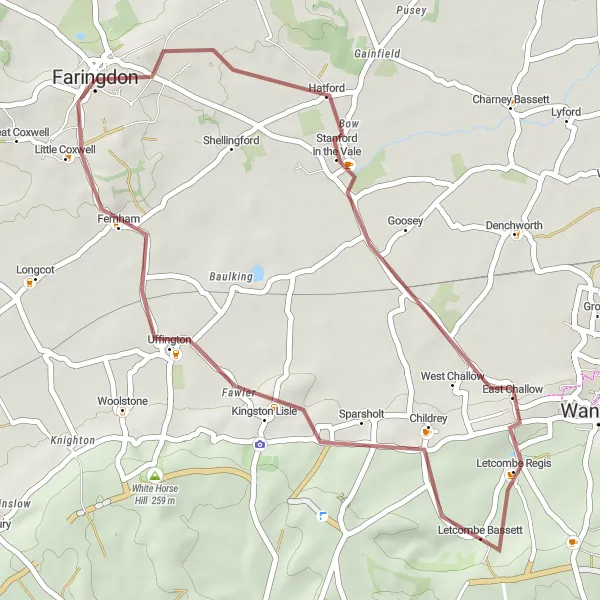 Map miniature of "Uffington and Little Coxwell Gravel Loop" cycling inspiration in Berkshire, Buckinghamshire and Oxfordshire, United Kingdom. Generated by Tarmacs.app cycling route planner