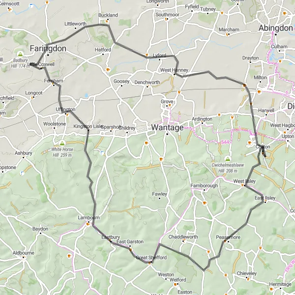 Map miniature of "Faringdon Circular Road Route" cycling inspiration in Berkshire, Buckinghamshire and Oxfordshire, United Kingdom. Generated by Tarmacs.app cycling route planner