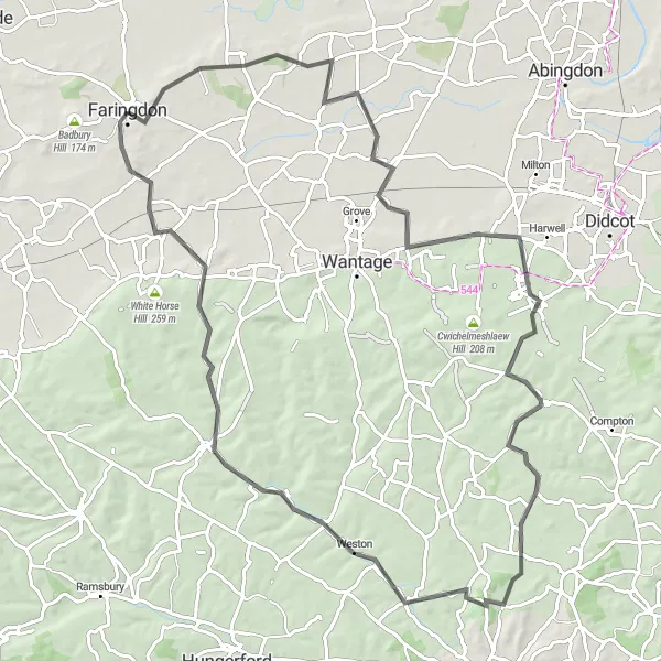 Map miniature of "Faringdon to Uffington Road Route" cycling inspiration in Berkshire, Buckinghamshire and Oxfordshire, United Kingdom. Generated by Tarmacs.app cycling route planner