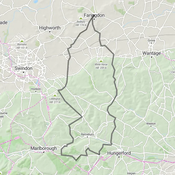 Map miniature of "The Hill Challenge" cycling inspiration in Berkshire, Buckinghamshire and Oxfordshire, United Kingdom. Generated by Tarmacs.app cycling route planner