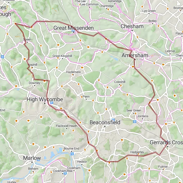 Map miniature of "The Chiltern Hills Gravel Adventure" cycling inspiration in Berkshire, Buckinghamshire and Oxfordshire, United Kingdom. Generated by Tarmacs.app cycling route planner