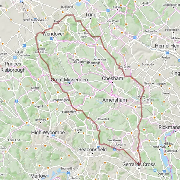 Map miniature of "Discover the Chilterns Gravel Ride" cycling inspiration in Berkshire, Buckinghamshire and Oxfordshire, United Kingdom. Generated by Tarmacs.app cycling route planner