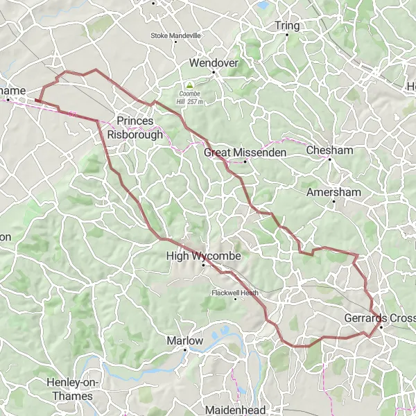 Map miniature of "Chiltern Hills Gravel Adventure" cycling inspiration in Berkshire, Buckinghamshire and Oxfordshire, United Kingdom. Generated by Tarmacs.app cycling route planner