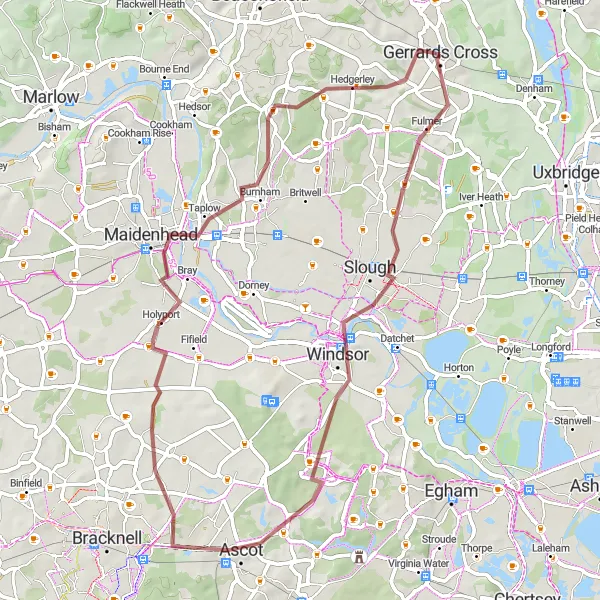 Map miniature of "Gravel Adventure from Gerrards Cross" cycling inspiration in Berkshire, Buckinghamshire and Oxfordshire, United Kingdom. Generated by Tarmacs.app cycling route planner