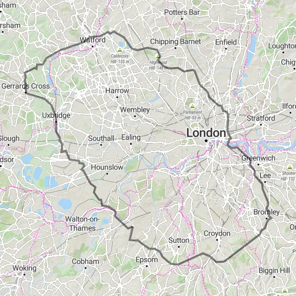 Map miniature of "Gerrards Cross to Tower Bridge" cycling inspiration in Berkshire, Buckinghamshire and Oxfordshire, United Kingdom. Generated by Tarmacs.app cycling route planner