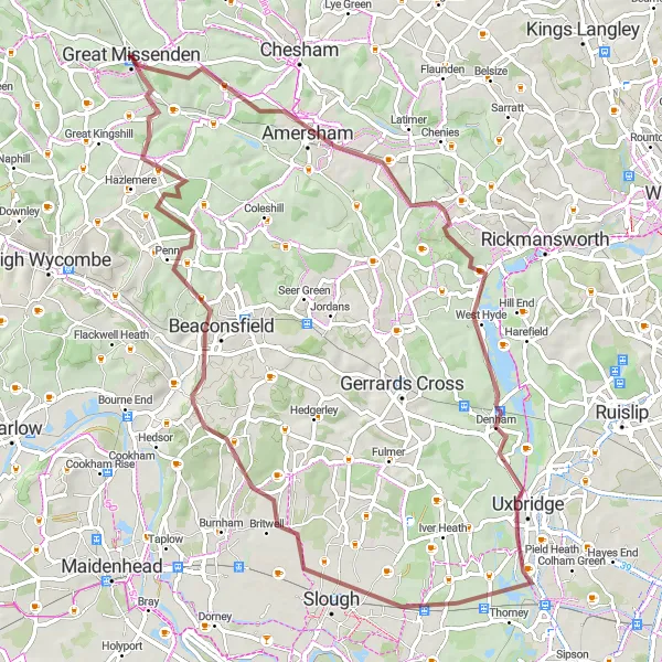 Map miniature of "The Chiltern Circuit" cycling inspiration in Berkshire, Buckinghamshire and Oxfordshire, United Kingdom. Generated by Tarmacs.app cycling route planner