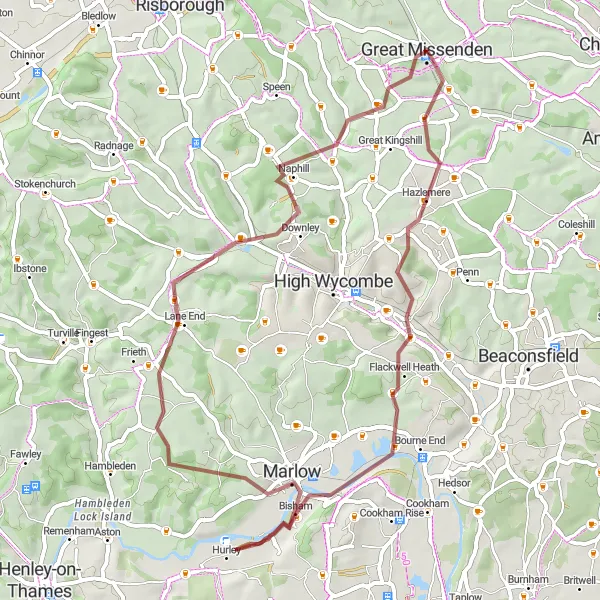 Map miniature of "The Wycombe Gravel Loop" cycling inspiration in Berkshire, Buckinghamshire and Oxfordshire, United Kingdom. Generated by Tarmacs.app cycling route planner