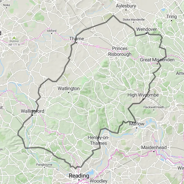 Map miniature of "Great Missenden to Tetsworth via Henley-on-Thames" cycling inspiration in Berkshire, Buckinghamshire and Oxfordshire, United Kingdom. Generated by Tarmacs.app cycling route planner