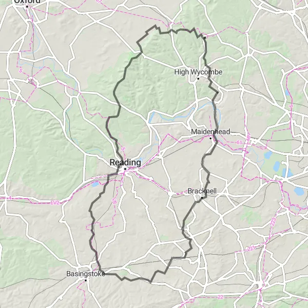 Map miniature of "Great Missenden to Chinnor via Bracknell" cycling inspiration in Berkshire, Buckinghamshire and Oxfordshire, United Kingdom. Generated by Tarmacs.app cycling route planner