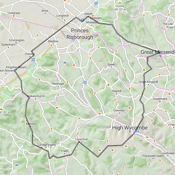 Map miniature of "The Chiltern Escape" cycling inspiration in Berkshire, Buckinghamshire and Oxfordshire, United Kingdom. Generated by Tarmacs.app cycling route planner