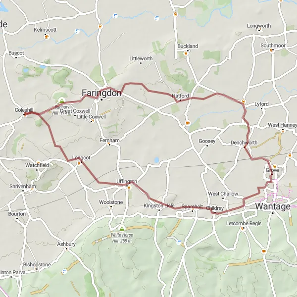 Map miniature of "Uffington and Charney Bassett Gravel Adventure" cycling inspiration in Berkshire, Buckinghamshire and Oxfordshire, United Kingdom. Generated by Tarmacs.app cycling route planner