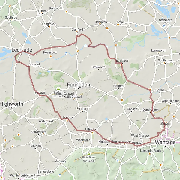 Map miniature of "The Grove to Charney Bassett Gravel Adventure" cycling inspiration in Berkshire, Buckinghamshire and Oxfordshire, United Kingdom. Generated by Tarmacs.app cycling route planner