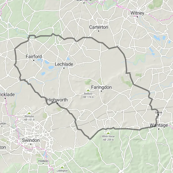 Map miniature of "Wantage Loop" cycling inspiration in Berkshire, Buckinghamshire and Oxfordshire, United Kingdom. Generated by Tarmacs.app cycling route planner