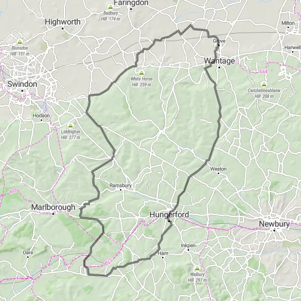 Map miniature of "Grove Hill Challenge" cycling inspiration in Berkshire, Buckinghamshire and Oxfordshire, United Kingdom. Generated by Tarmacs.app cycling route planner