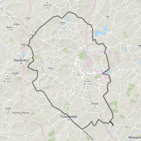 Map miniature of "Towcester to Long Street Circuit" cycling inspiration in Berkshire, Buckinghamshire and Oxfordshire, United Kingdom. Generated by Tarmacs.app cycling route planner