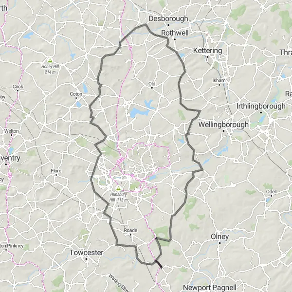 Map miniature of "Stoke Bruerne to Horton Adventure" cycling inspiration in Berkshire, Buckinghamshire and Oxfordshire, United Kingdom. Generated by Tarmacs.app cycling route planner