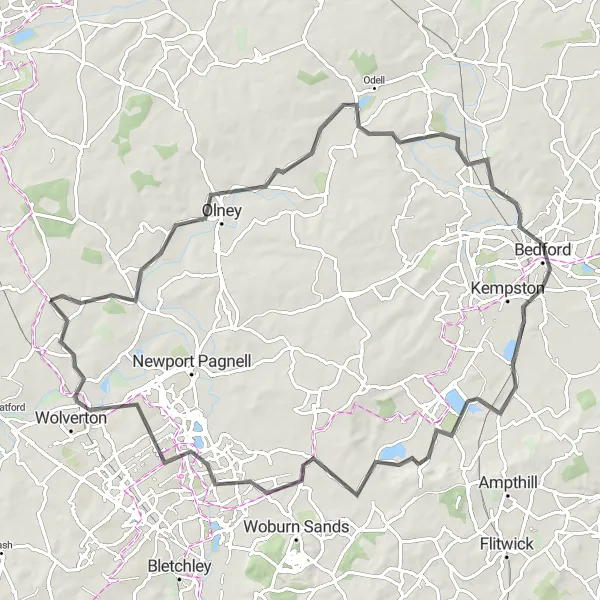 Map miniature of "The Olney Beacon Adventure" cycling inspiration in Berkshire, Buckinghamshire and Oxfordshire, United Kingdom. Generated by Tarmacs.app cycling route planner