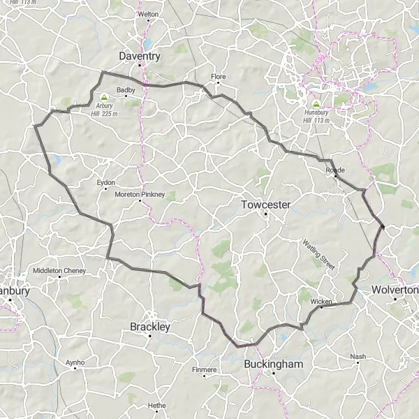 Map miniature of "Hanslope to Roade Loop" cycling inspiration in Berkshire, Buckinghamshire and Oxfordshire, United Kingdom. Generated by Tarmacs.app cycling route planner