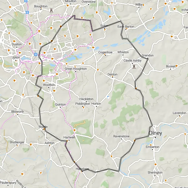Map miniature of "The Northampton Cycling Delight" cycling inspiration in Berkshire, Buckinghamshire and Oxfordshire, United Kingdom. Generated by Tarmacs.app cycling route planner