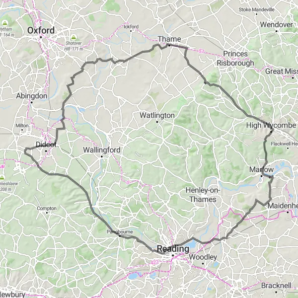 Map miniature of "Cycling Through Countryside and Hills" cycling inspiration in Berkshire, Buckinghamshire and Oxfordshire, United Kingdom. Generated by Tarmacs.app cycling route planner