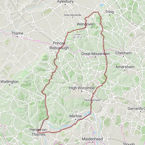 Map miniature of "Remenham and Little Missenden Loop" cycling inspiration in Berkshire, Buckinghamshire and Oxfordshire, United Kingdom. Generated by Tarmacs.app cycling route planner