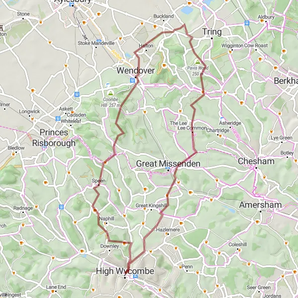 Map miniature of "Gravel Cycling from High Wycombe to Downley" cycling inspiration in Berkshire, Buckinghamshire and Oxfordshire, United Kingdom. Generated by Tarmacs.app cycling route planner