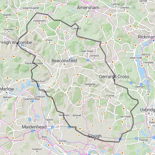 Map miniature of "Classic Road Cycling: High Wycombe to Bourne End" cycling inspiration in Berkshire, Buckinghamshire and Oxfordshire, United Kingdom. Generated by Tarmacs.app cycling route planner
