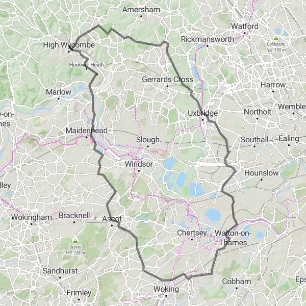 Map miniature of "Scenic Road Cycling Tour: High Wycombe to Burnt Hill" cycling inspiration in Berkshire, Buckinghamshire and Oxfordshire, United Kingdom. Generated by Tarmacs.app cycling route planner