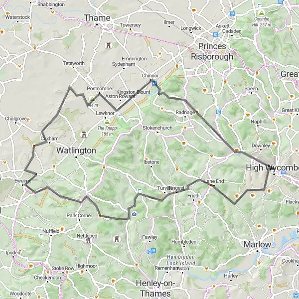 Map miniature of "High Wycombe to West Wycombe" cycling inspiration in Berkshire, Buckinghamshire and Oxfordshire, United Kingdom. Generated by Tarmacs.app cycling route planner