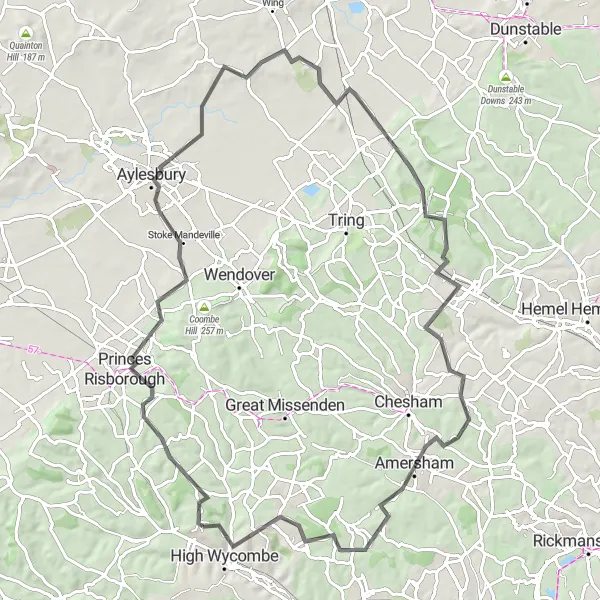 Map miniature of "Princes Risborough to Amersham Loop" cycling inspiration in Berkshire, Buckinghamshire and Oxfordshire, United Kingdom. Generated by Tarmacs.app cycling route planner