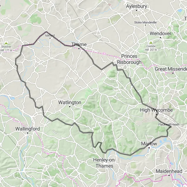 Map miniature of "Marlow to Thame Countryside Ride" cycling inspiration in Berkshire, Buckinghamshire and Oxfordshire, United Kingdom. Generated by Tarmacs.app cycling route planner